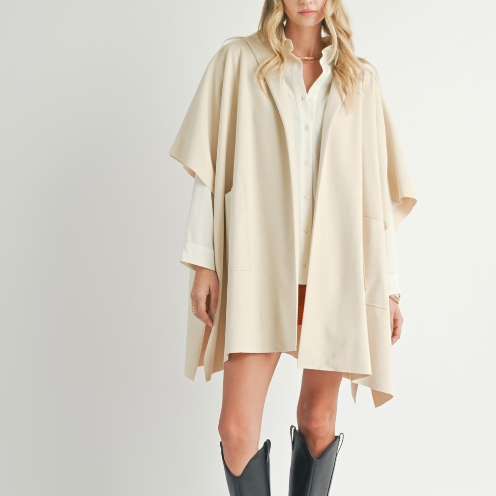 Sadie & Sage Cream Hooded Poncho Cape Open Front Pockets Oversized XS/S Ivory
